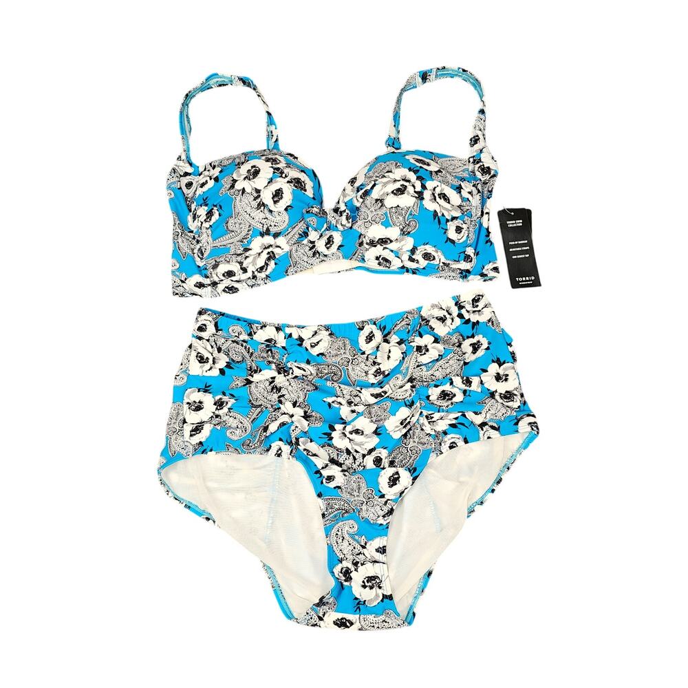 Torrid NEW 2pc swimsuit womens sz3 blue white blk floral high waist bottom